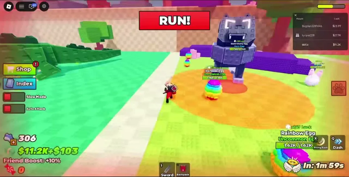 RUN warning and desktop Dash prompt during a chase