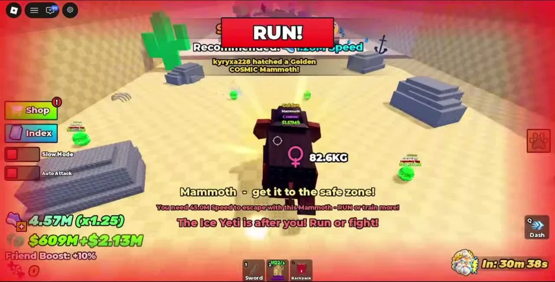 Mammoth escape Speed warning and Ice Yeti pursuit